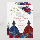 Princesses Quinceañera, Twin Navy Blue Rote Rose Einladung (Vorne/Hinten)