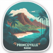 Princeville Kauai Hawaii Beach Mountains Retro Aufkleber (Vorderseite)