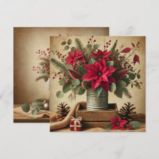 Principal Rustic Vintage Christmas Poinsettia Einladung (Vorne/Hinten)