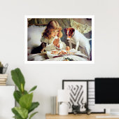Print: Frühstück im Bett: Mädchen, Terrier & Katze Poster (Heimbüro)