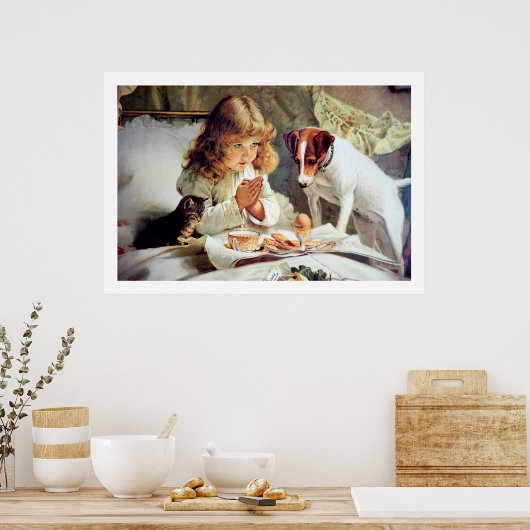 Print: Frühstück im Bett: Mädchen, Terrier & Katze Poster (Küche)