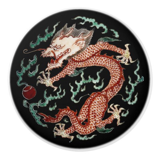Print of Ancient Chinese Dragon & Flaming Pearl Keramikknauf (Vorderseite)