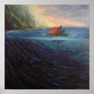 Print: Pohutukawa Rote Blume im blauen Meer Poster