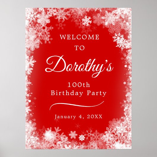 Printable 100. Geburtstag Snowflake Rot Willkommen Poster (Vorne)