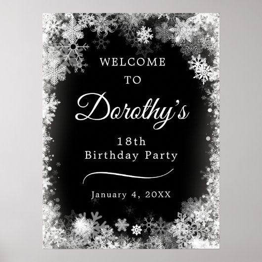 Printable 18. Geburtstag Snowflake Black Willkomme Poster (Vorne)