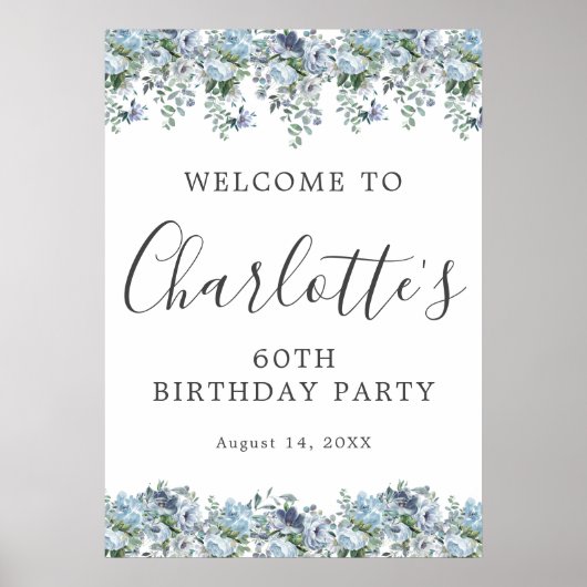 Printable 60. Geburtstag Blue Floral Willkommen Poster (Vorne)