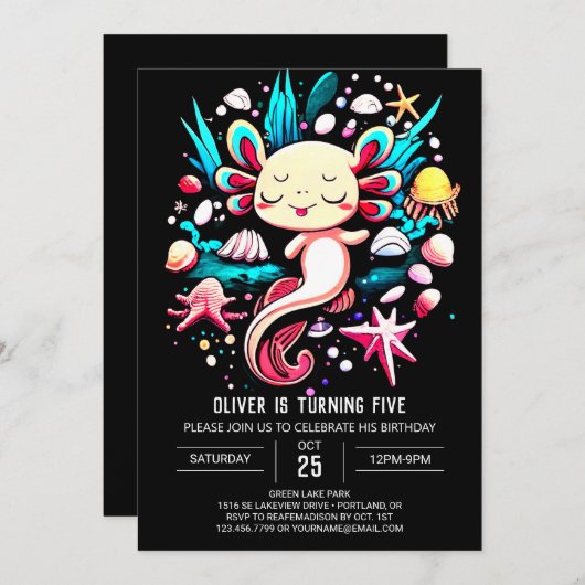 Printable Axolotl Custom Geburtstag Einladung (Vorne/Hinten)