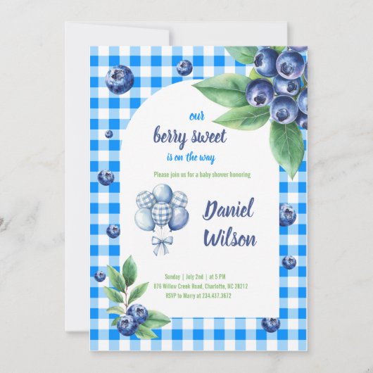 Printable Berry Sweet Blue Theme Baby Dusche Einladung (Vorderseite)