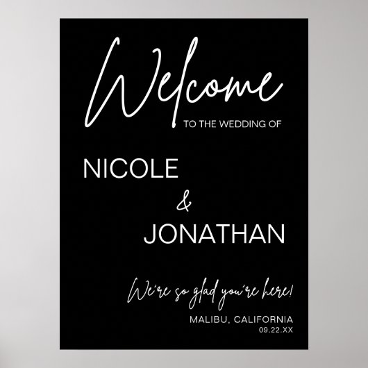Printable Black Modern Wedding Willkommenszeichen Poster (Vorne)