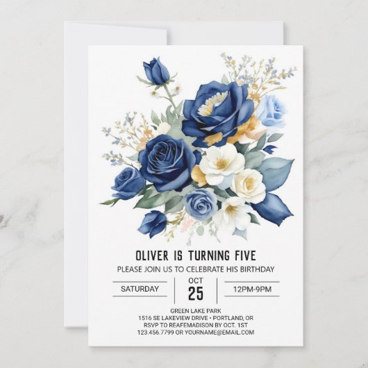 Printable Blue Floral Birthday Einladung (Vorderseite)