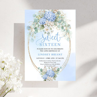 Printable Blue Floral Gold Sweet Sixteen Party Einladung