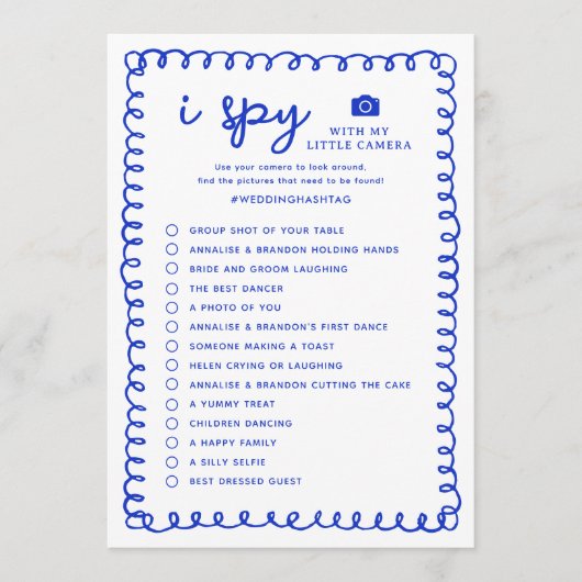 Printable Blue I Spy Wedding Foto Hunt Game Programm (Vorderseite)