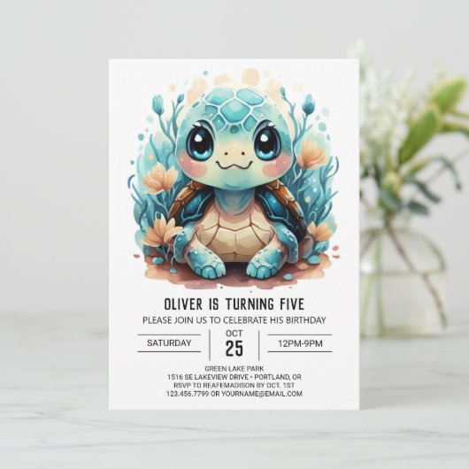 Printable Boho Happy Turtle Boy Birthday Einladung (Stehend Vorderseite)