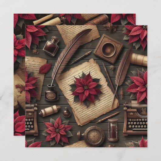Printable Dark Academia Poinsettia Desk Scrapbook Einladung (Vorne/Hinten)