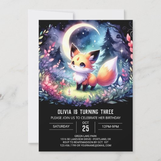 Printable Dreamy Fox Birthday Einladung (Vorderseite)