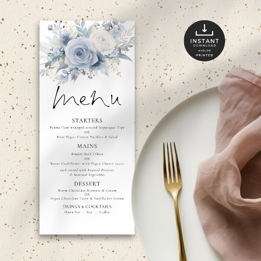 Printable Dusty Blue Florals Wedding Menu Karte