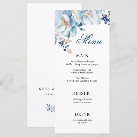 Printable Dusty Blue Florals Wedding Menu Menükarte (Vorne/Hinten)