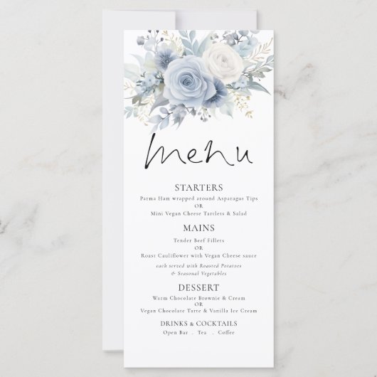Printable Dusty Blue FloralsWedding Thank You Menu Karte (Vorderseite)
