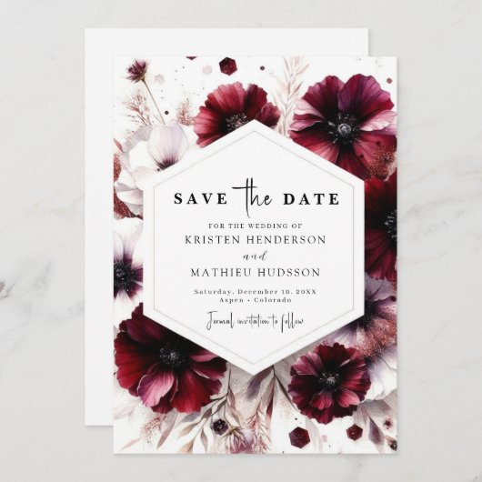 Printable Elegant Burgundy Wedding Save The Date (Vorne/Hinten)