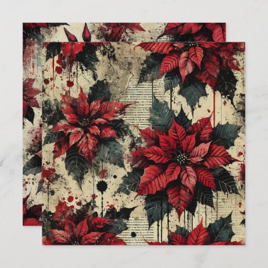 Printable Grungy Poinsettia Newsprint Scrapbook Einladung (Vorne/Hinten)