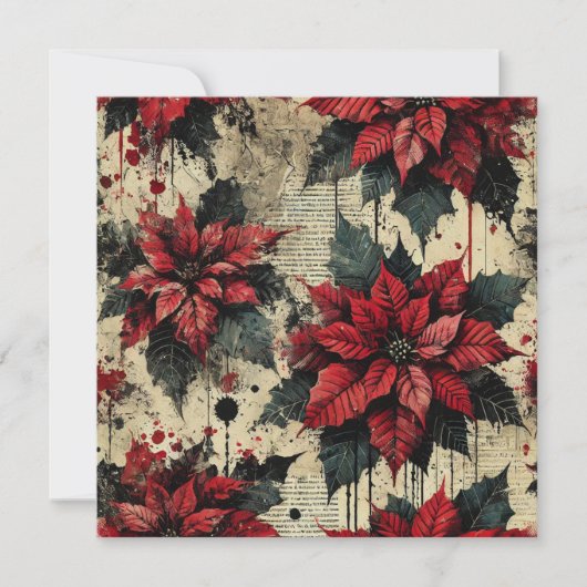 Printable Grungy Poinsettia Newsprint Scrapbook Einladung (Vorderseite)