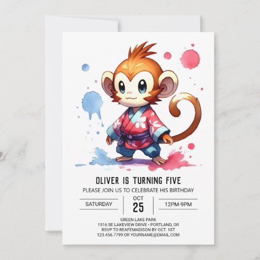 Printable Happy Monkey Birthday Einladung (Vorderseite)