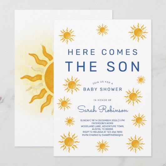 Printable Here Comes The Son Baby Shower Einladung (Vorne/Hinten)