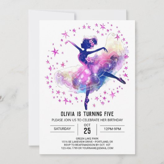 Printable Kids' Ballerina Birthday Einladung (Vorderseite)