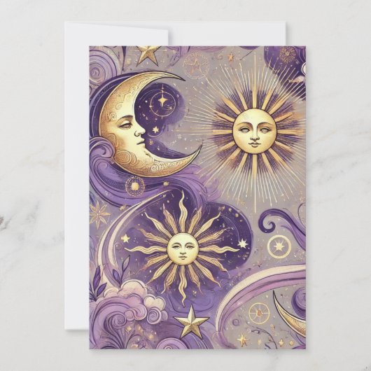 Printable Lila & Gold Boho Celestial Sun & Moon Einladung (Vorderseite)