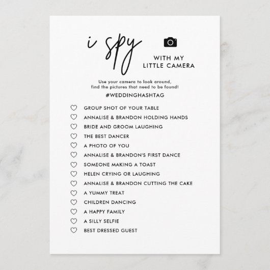 Printable Minimalistisch I Spy Wedding Foto Hunt G Programm (Vorderseite)