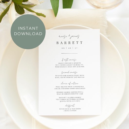 Printable Modern Minimal Script Wedding Menu Card Einladung