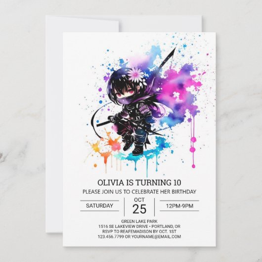 Printable Modern Ninja Girl Birthday Einladung (Vorderseite)