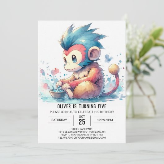 Printable Monkey Birthday Einladung (Stehend Vorderseite)