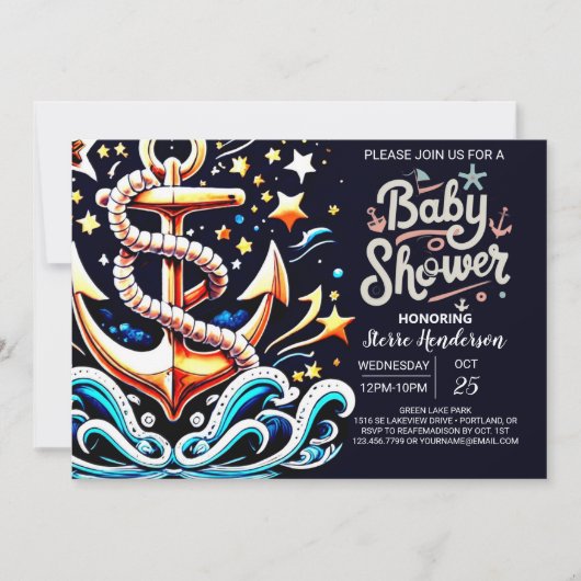 Printable Nautical Waves Blue Baby Dusche Einladung (Vorderseite)