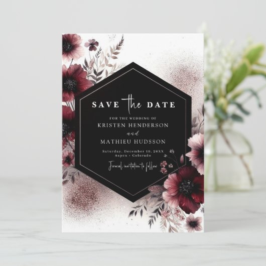 Printable Rustic Burgundy Wedding Save The Date (Stehend Vorderseite)