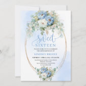Printable Script Dusty Blue Floral Sweet 16 Invite Einladung (Vorderseite)