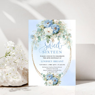 Printable Script Dusty Blue Floral Sweet 16 Invite Einladung
