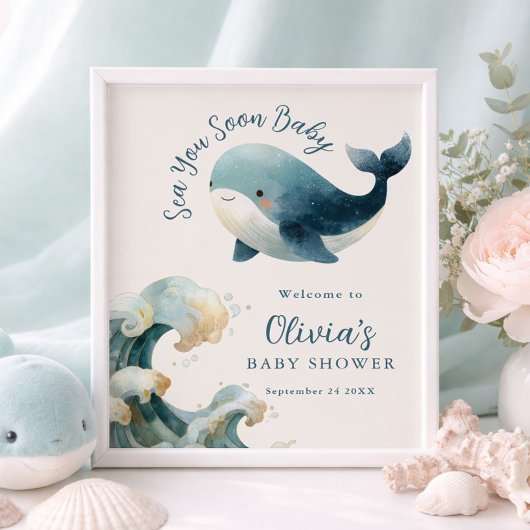 Printable Sea You Soon Whale Baby Shower Ivory Poster
