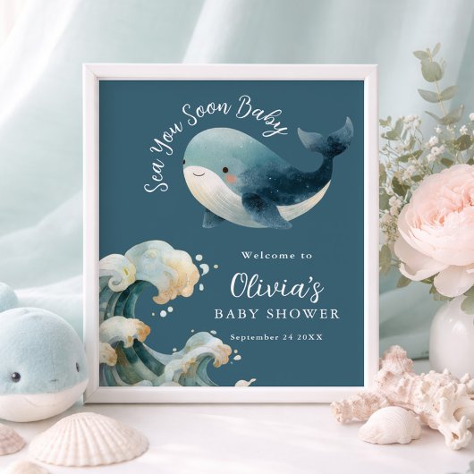 Printable Sea You Soon Whale Baby Shower Turquoise Poster