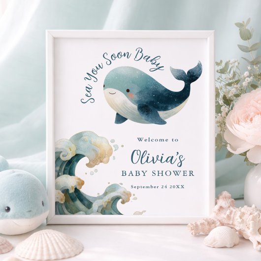 Printable Sea You Soon Whale Baby Shower White Poster