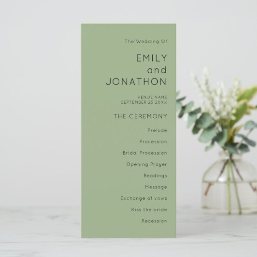 Printable Simple Text Sage Green Wedding Program Karte (Stehend Vorderseite)