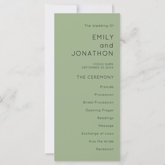 Printable Simple Text Sage Green Wedding Program Karte (Vorderseite)