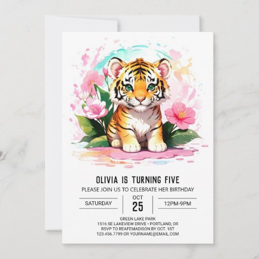 Printable Tiger Girl Birthday Einladung (Vorderseite)