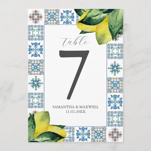 Printable Tischnummer Amalfi Tile & Lemons (Vorderseite)