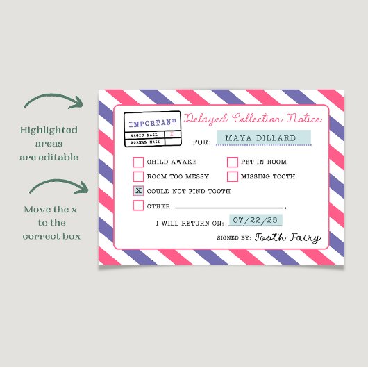 Printable Tooth Fairy Delay Notification Einladung