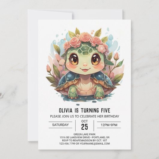 Printable Turtle Girl Birthday Einladung (Vorderseite)
