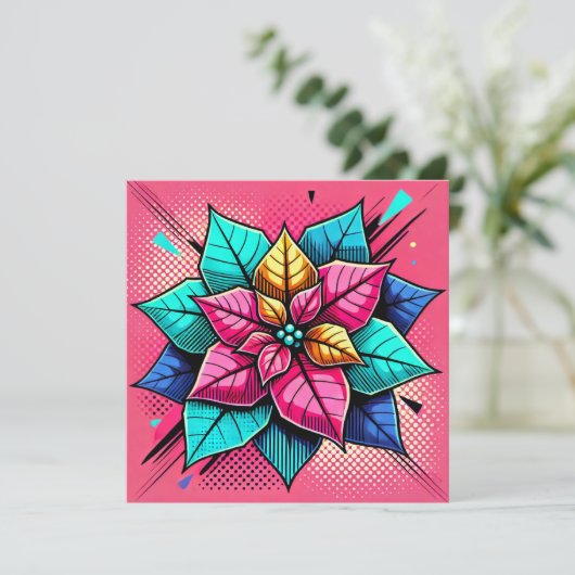 Printable Vibranly Pop Art Poinsettia Scrapbook Einladung (Stehend Vorderseite)