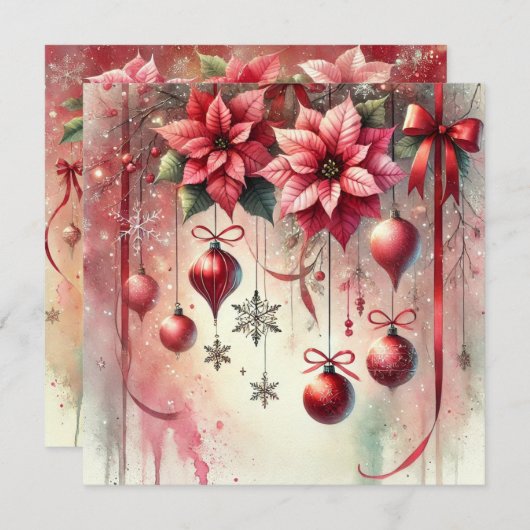 Printable Whimsical Poinsettia Weihnachtsschmuck Einladung (Vorne/Hinten)