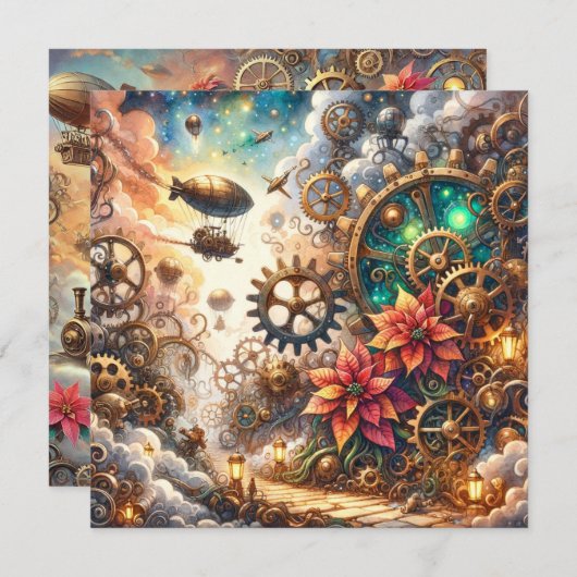 Printable Whimsical Steampunk Poinsettia Scrapbook Einladung (Vorne/Hinten)