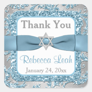 PRINTED Bow - Winter Wonderland Damask Bat Mitzvah Quadratischer Aufkleber